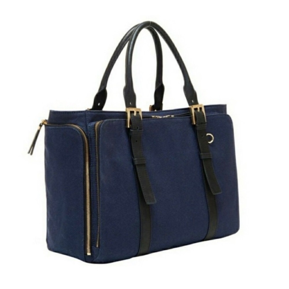 India Hicks‎ Navy Blue Canvas Leather Trim Beetle Print Tote Bag Moon Star Charm